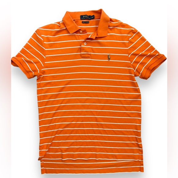 Polo By Ralph Lauren Mens M Polo Shirt Orange Striped Blue Pony Short Sleeve - Picture 1 of 5